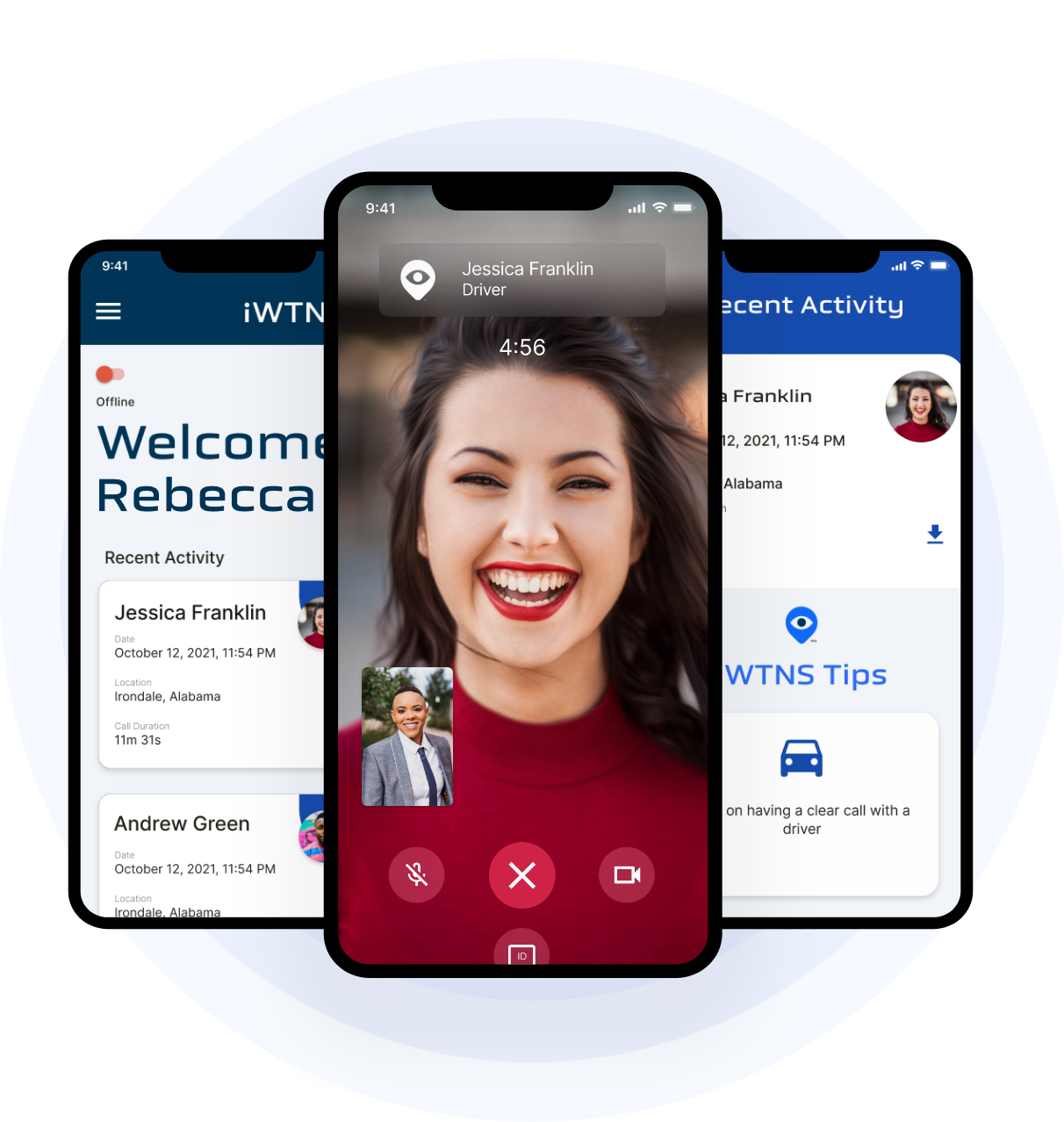 iWTNS application screens showing Facetime call and driver activity.